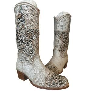 Frye Vintage Deborah White Studded Star Mid Calf  Y2K Western Boots Size 7.5